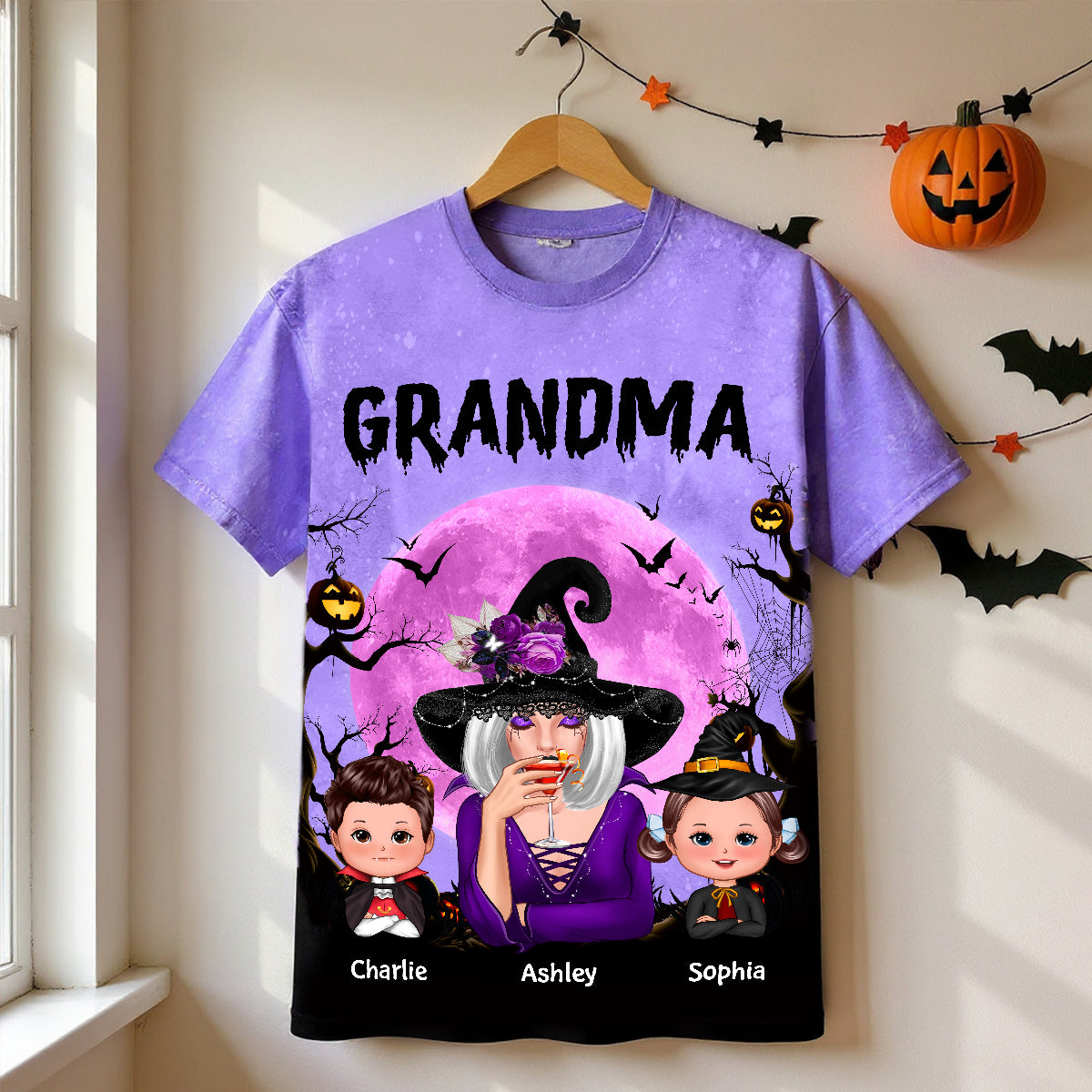 Grandma Witch & Kids Moon Bat Tree Personalized Shirt, Halloween Costume for Grandma