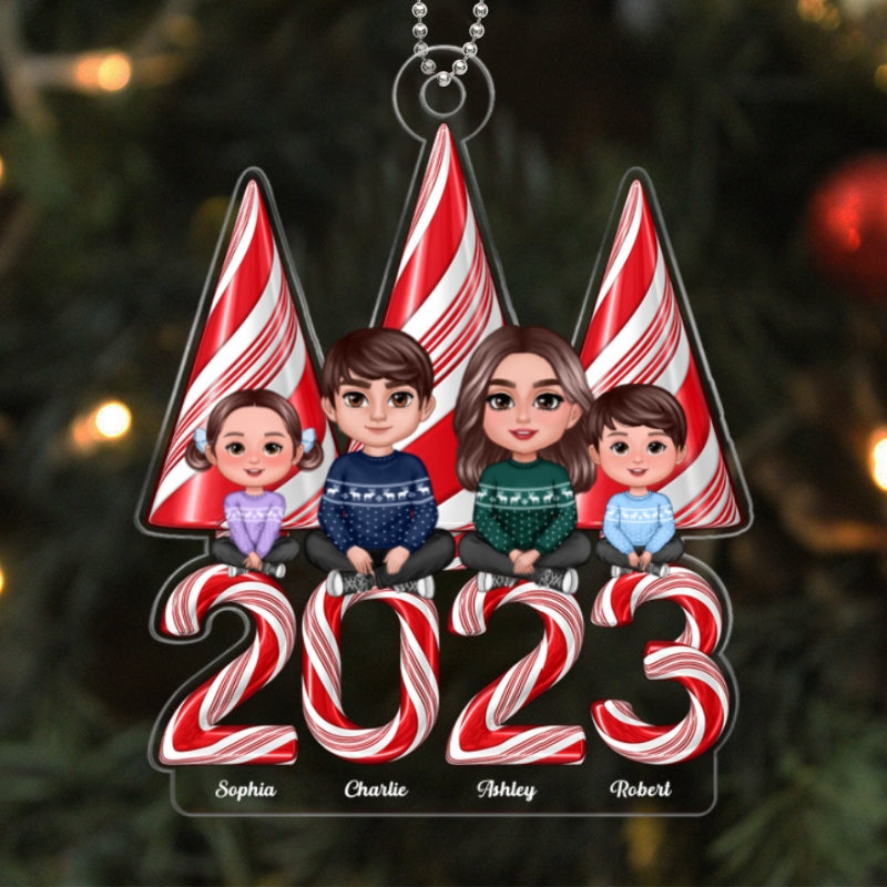 Family Crossed Legs Sitting Candy Cane Stripes Christmas Tree 2023 Personalized Acrylic Ornament