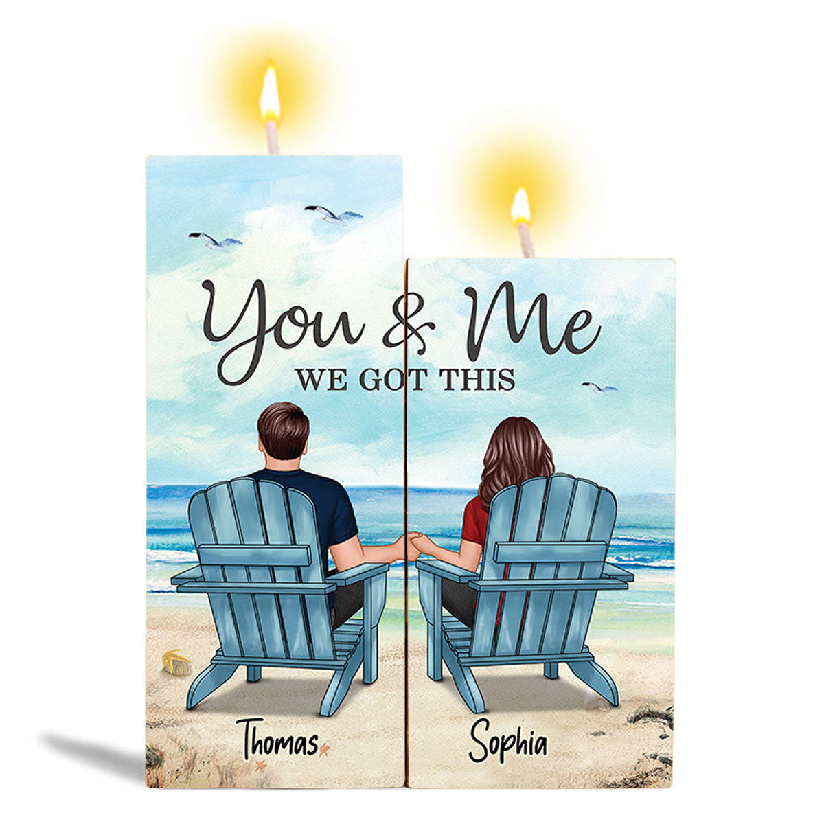 Back View Couple Sitting Beach Landscape Personalized Candle Holder