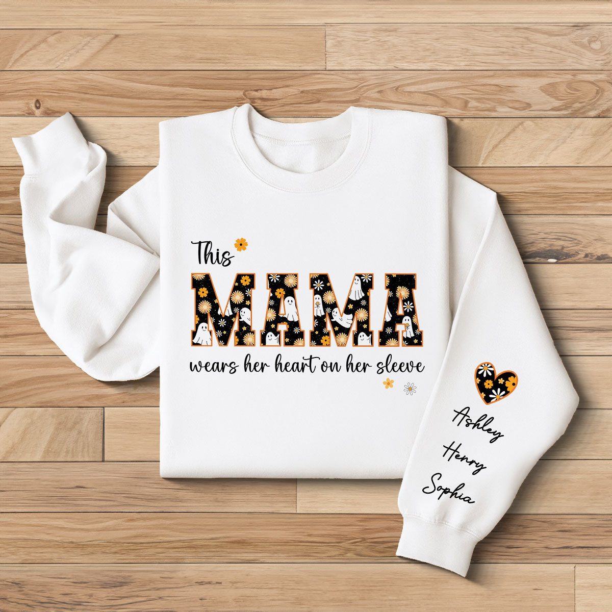 Halloween This Mama Wears Her Heart on Her Sleeve Personalized Sleeve Printed Sweatshirt