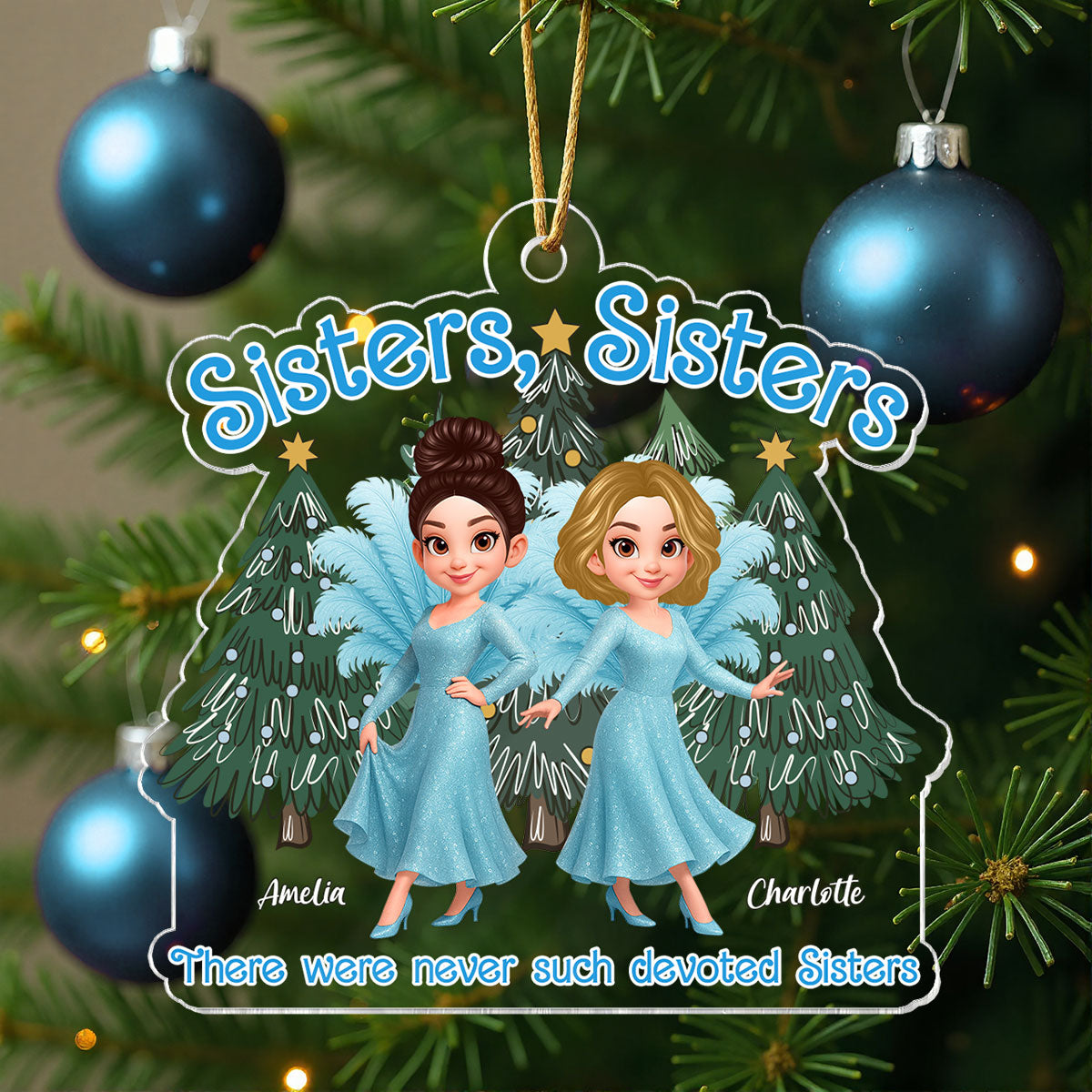 Cute Cartoon Sisters Besties Blue Dress Under Christmas Tree Personalized Acrylic Ornament