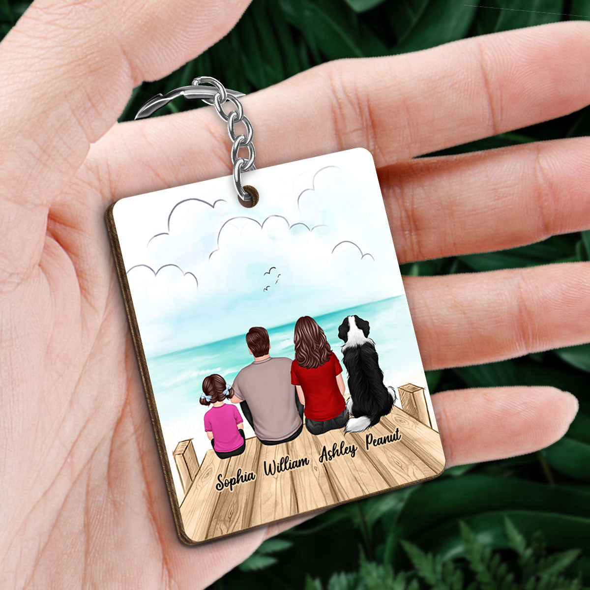Family Dogs Cats Sitting On Bridge Personalized Wooden Keychain