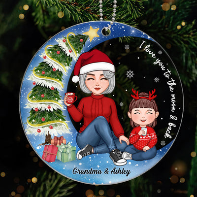 Christmas Tree In Moon Cute Grandma & Grandkid Sitting Personalized Acrylic Ornament