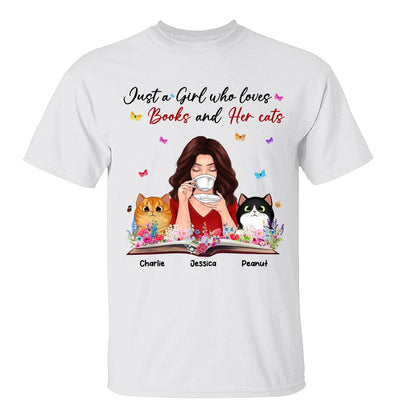 Just A Girl Who Loves Books And Her Cat Coffee Girl With Flowers And Peeking Fluffy Cat Personalized Shirt