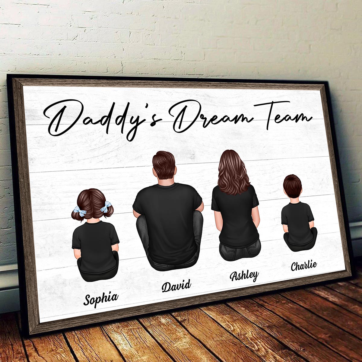 Daddy‘s Team Back View Dad And Kids Sitting Personalized Poster, Gift For Dad, Husband