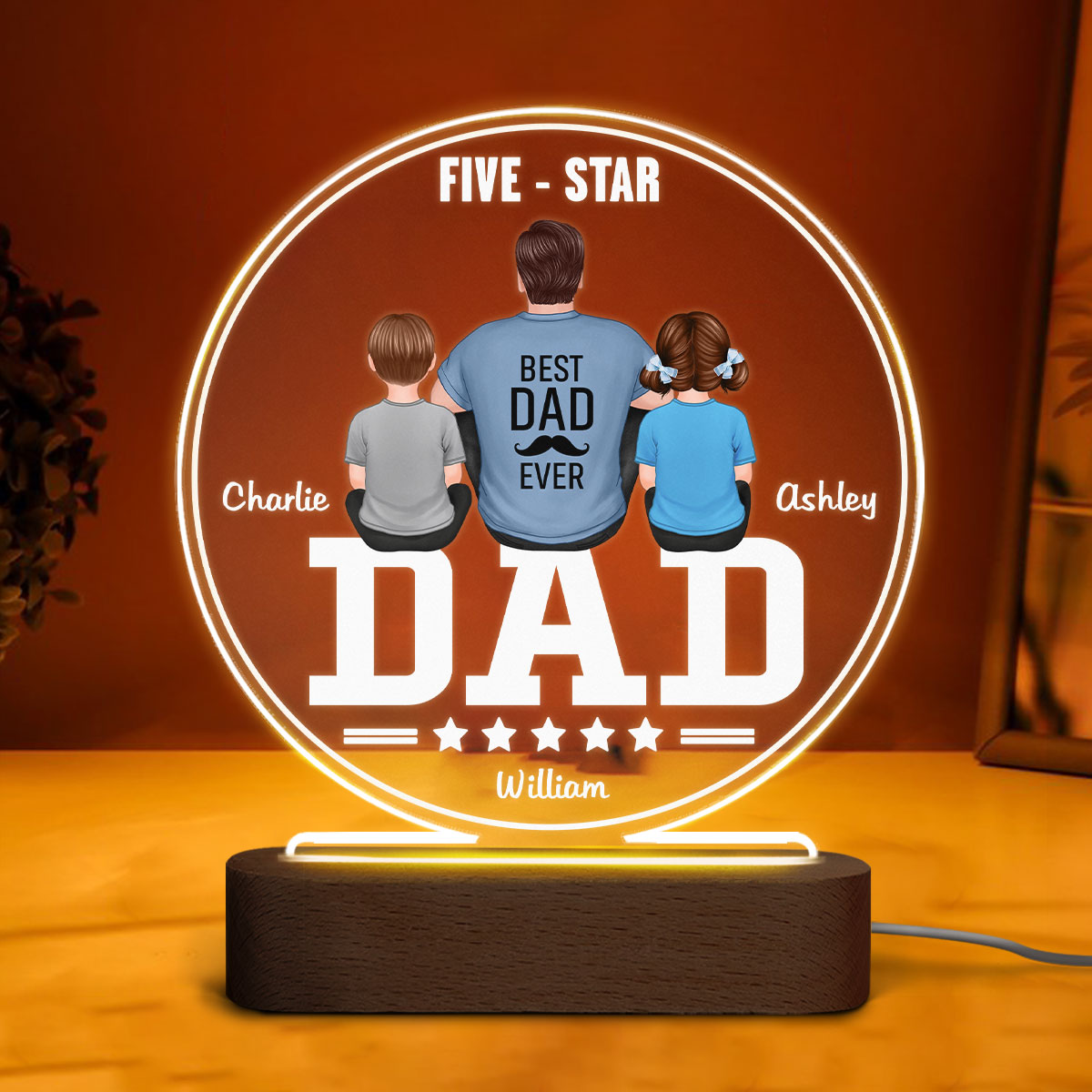 Five - Star Dad Back View Dad And Kids Personalized Acrylic Circle LED Night Light