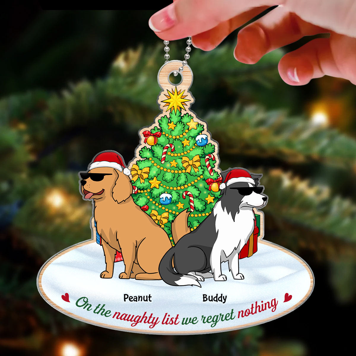 On The Naughty List We Regret Nothing Funny Cartoon Dogs Christmas Tree Personalized Acrylic Ornament