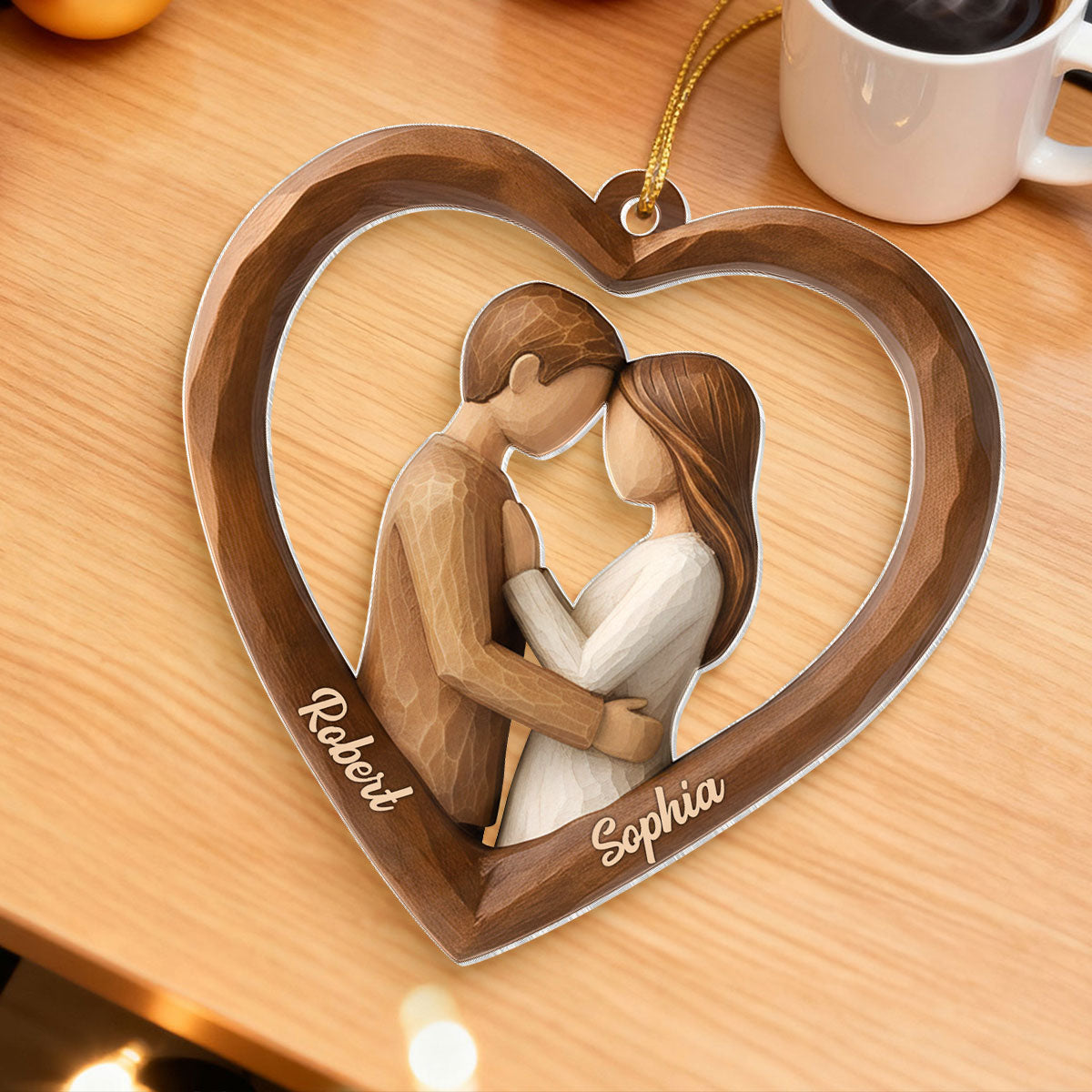 Couple Heart Love 3D Wooden Effect - Personalized Acrylic Ornament - Christmas Gift for Couples