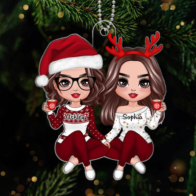 Red Clothes Doll Mom Daughter Sitting Christmas Gift Personalized Acrylic Ornament