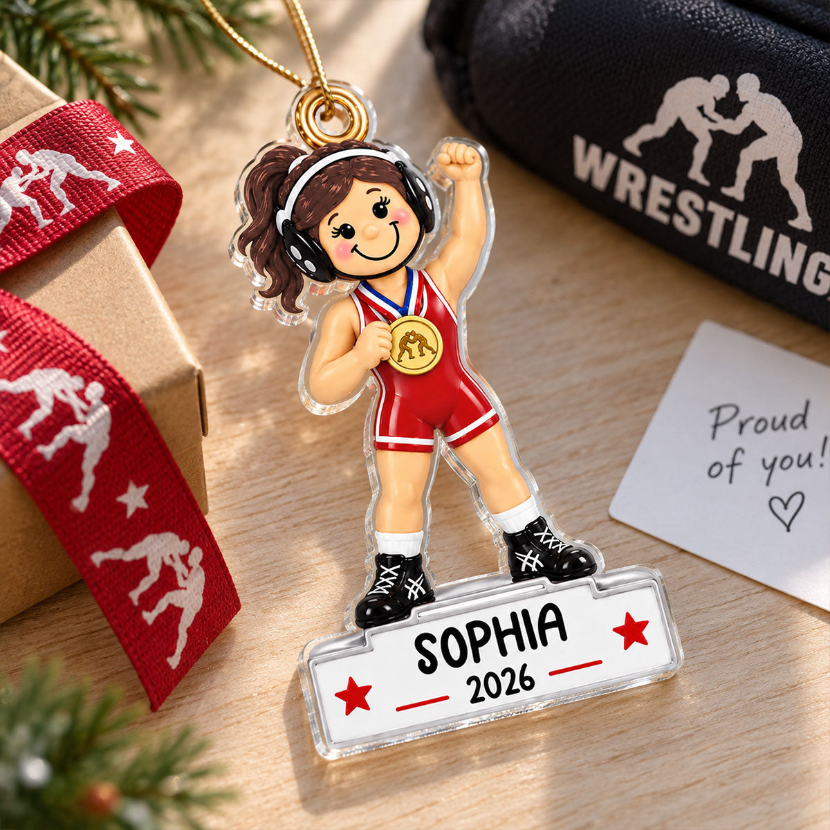 Wrestling Girl Champion 2D Flat - Personalized Acrylic Ornament - Gift For Daughter, Wrestling Keepsake, Wrestling Lovers Gift