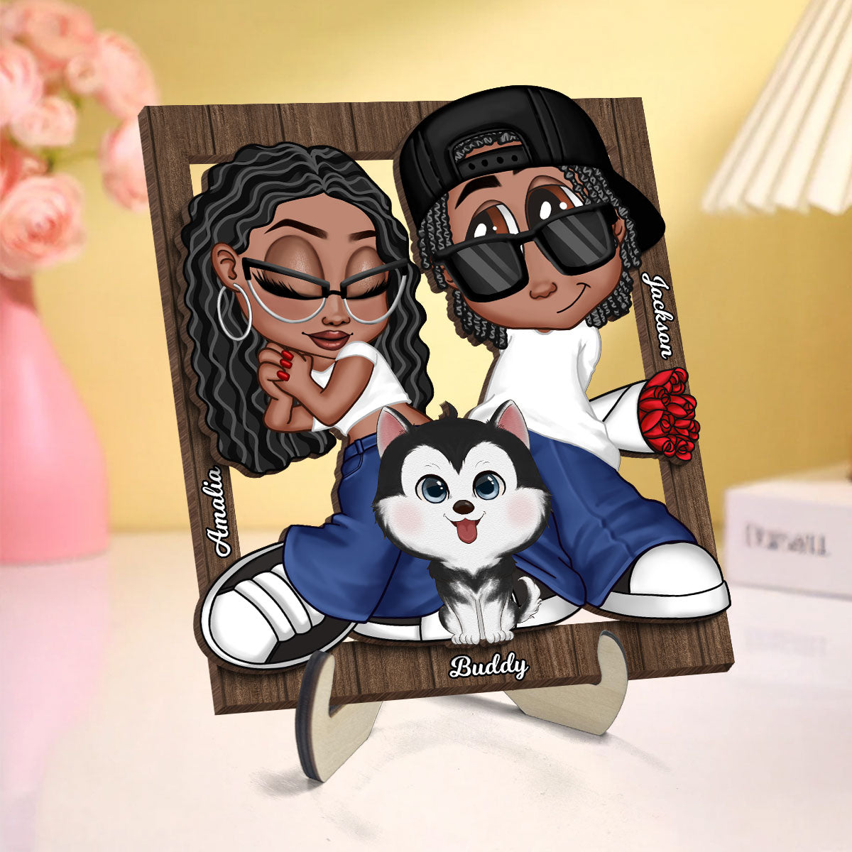 Y2K Couple Dogs Cats Frame Personalized 2-layer Wooden Plaque,  Gift for Him, Gift for Her