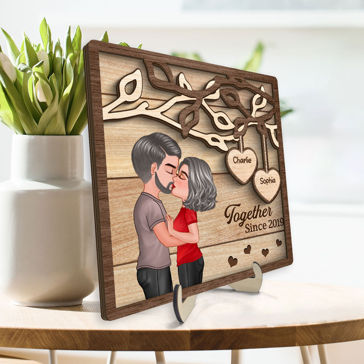 Couple Kissing Under Tree  Gift For Her Gift For Him Personalized 2-Layer Wooden Plaque