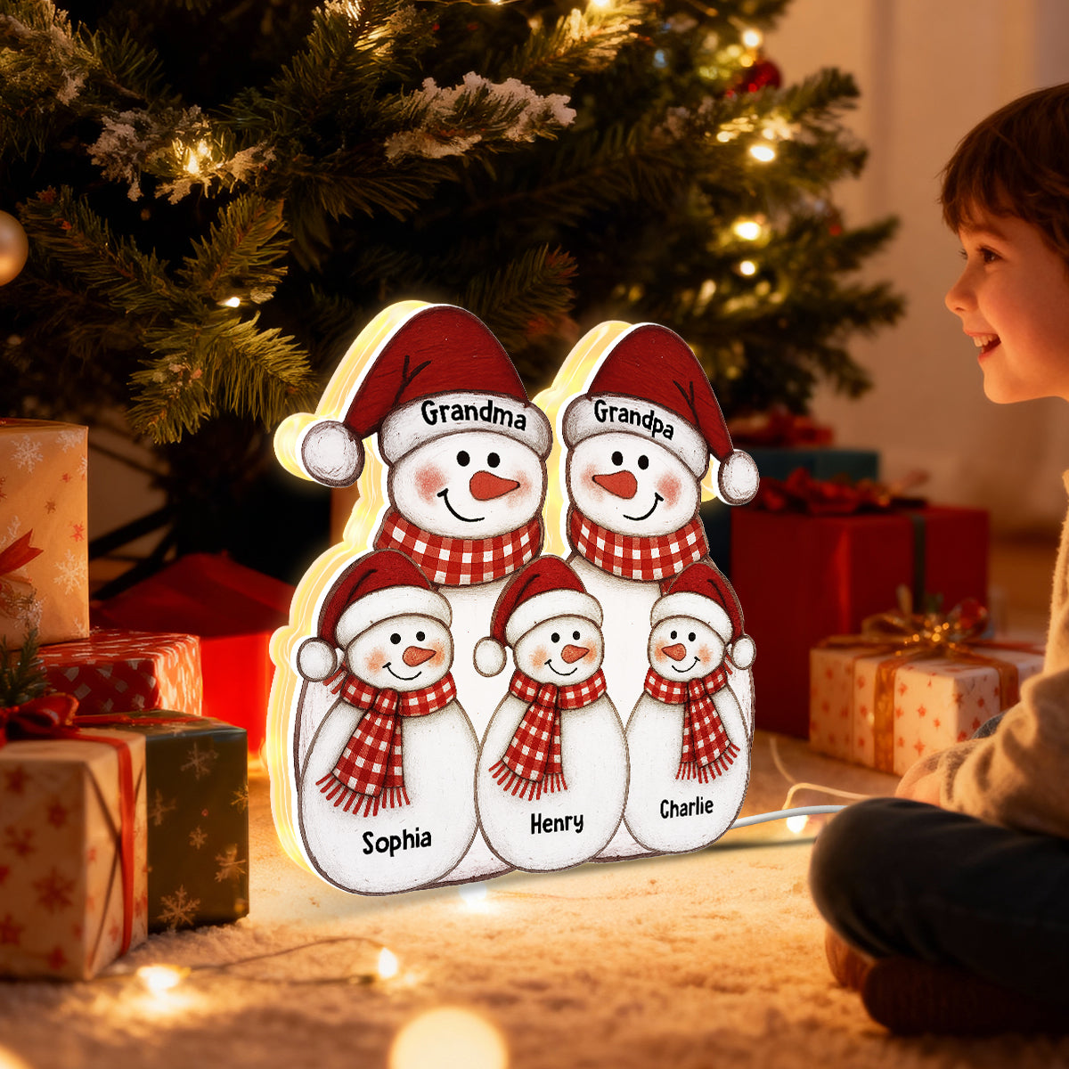 Folk Art Cute Snowman Grandma Grandpa & Grandkid - Personalized Light Box - Christmas Decor For Grandparents