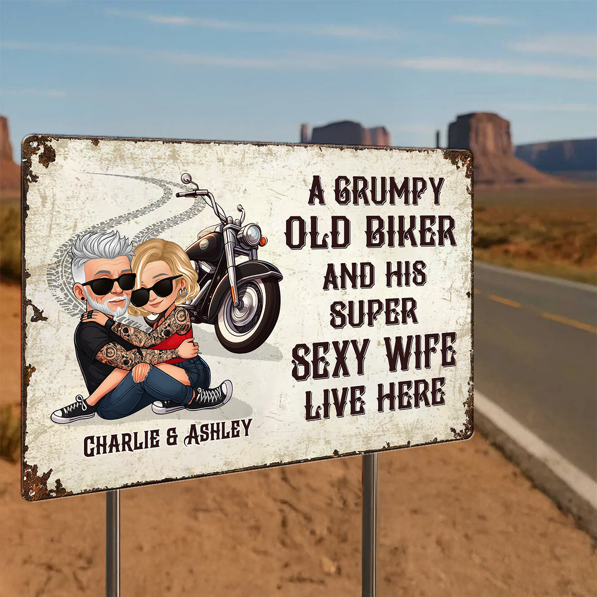An Old Grumpy Biker and His Sexy Wife Live Here Personalized Metal Sign, Gift for Biker Couple