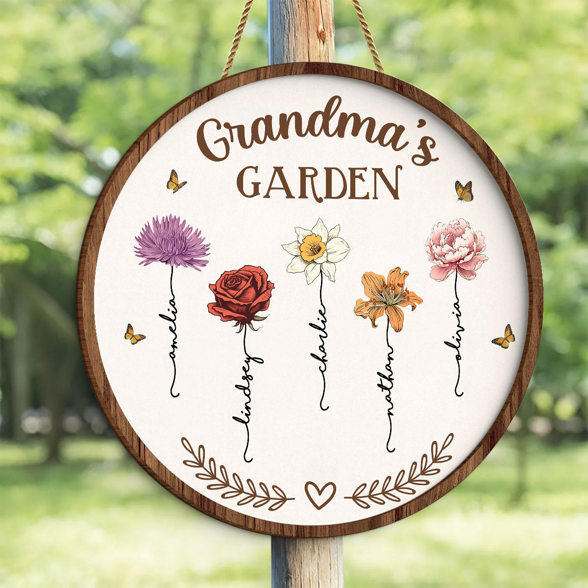 Grandma's Garden Love Grows Here, Birth Month Flower Personalized 2-Layer Wooden Door Sign