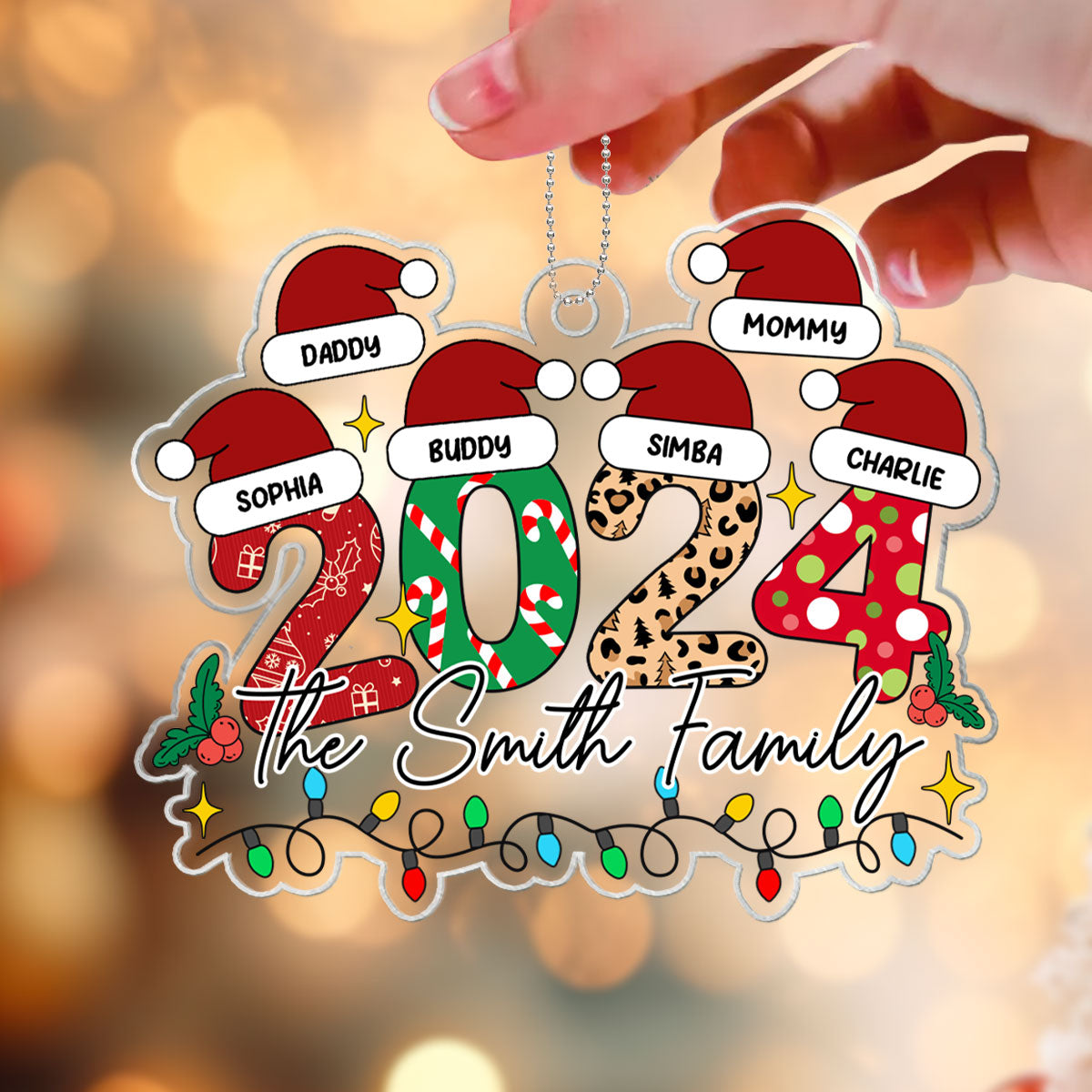 Family 2024 Christmas Pattern Santa Hat Personalized Acrylic Ornament, Christmas Gift for Children, Husband, Dad, Mom