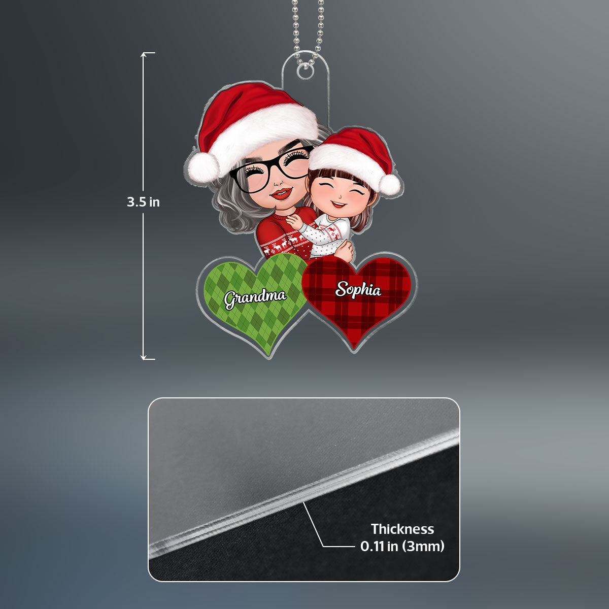 Christmas Doll Grandma Hugging Kid Checkered Pattern Hearts Gift For Granddaughter Grandson Personalized Acrylic Ornament