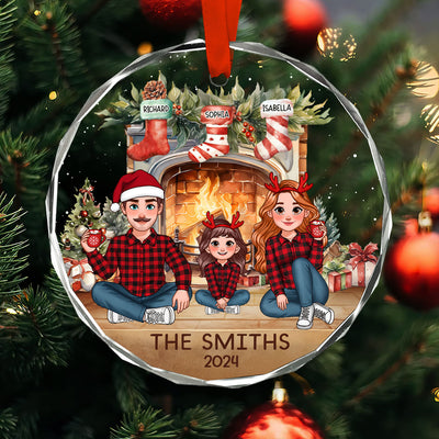 Animated Family Vintage Christmas Stockings Fireplace Personalized Glass Ornament, Christmas Gift For Family