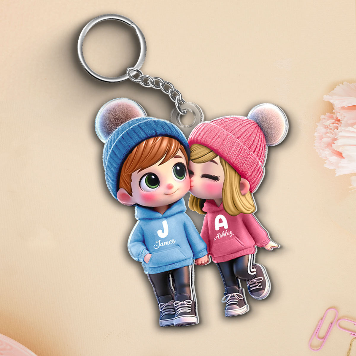 3D Effect Cute Cartoon Couple Walking - Personalized Acrylic Keychain - Unique Valentine's Day Gift For Him, Gift For Her