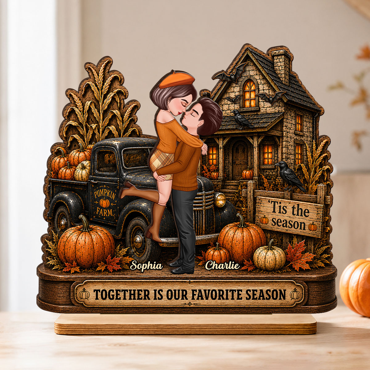 Fall in Love with You Couple Fall Season - Personalized 2-Layered Wooden Plaque - Haunted House Halloween Decor