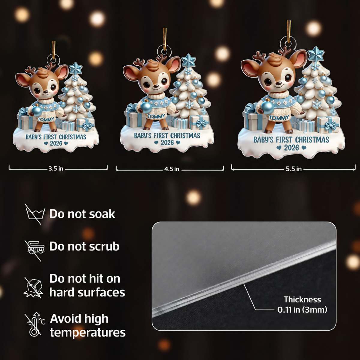 3D Effect Cute Reindeer Baby's First Christmas Personalized Acrylic Ornament, Christmas Gift For Newborns, New Parents