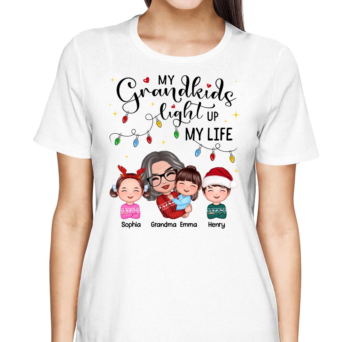 Doll Grandma Hugging Kid My Grandkids Light Up My Life Christmas Personalized Shirt