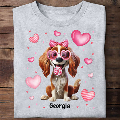 Personalized  Shirt For Dog Lovers, 3D Cute Dogs, Bow Coquette Red Pink Hearts