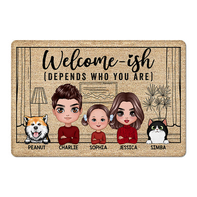 Doll Family Dad Mom Kids Dogs Cats Welcome-ish Personalized Doormat