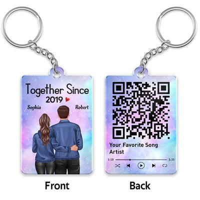 Denim Back View Couple Standing Hugging Favorite Song Scannable QR Code Personalized Acrylic Keychain