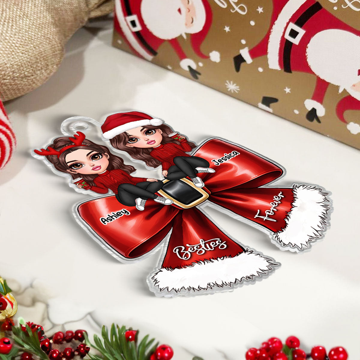 Christmas Red Coquette Bow Best Friends Personalized Acrylic Ornament, Christmas Gift For Besties