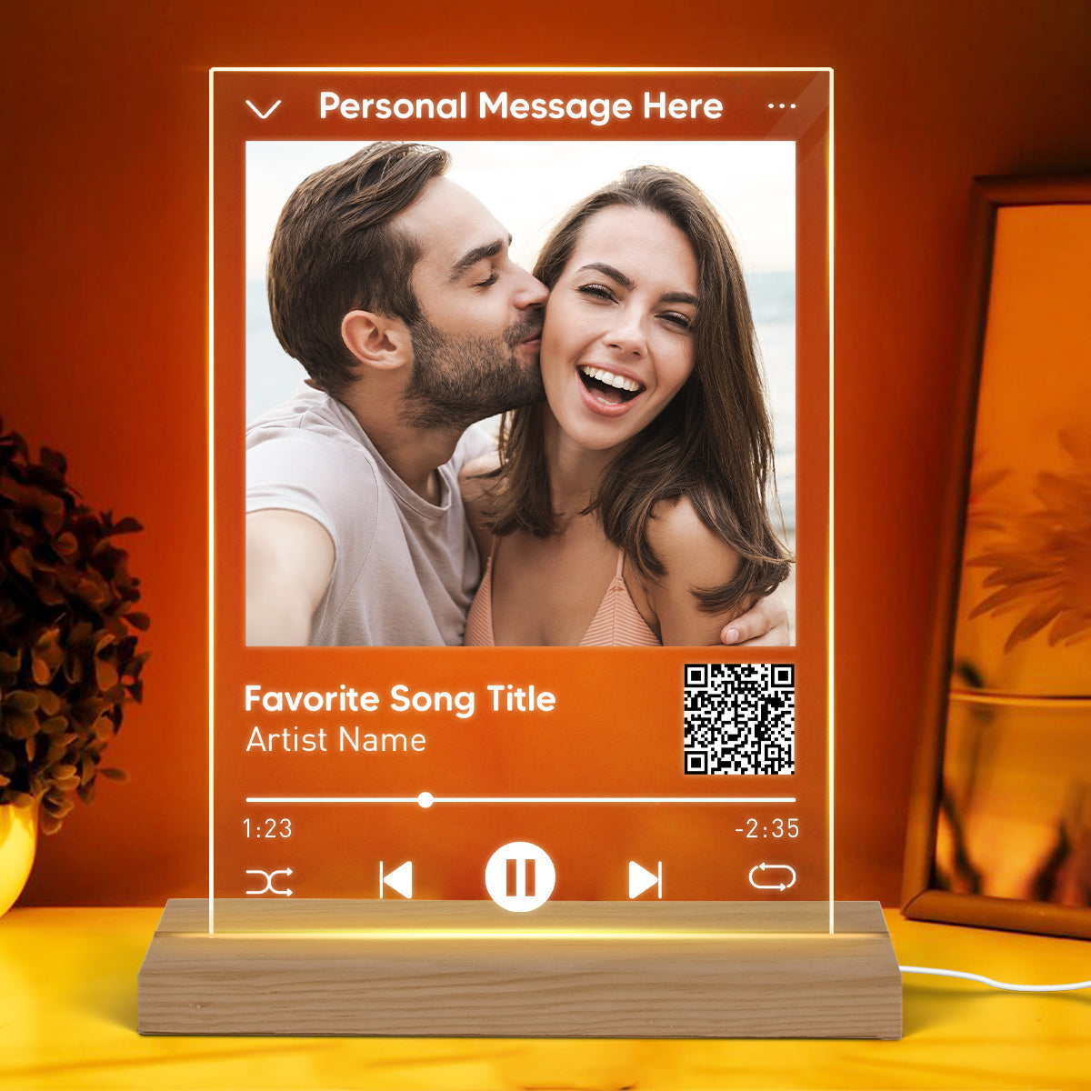 Couple Photo Custom Message Scannable QR Code Personalized Rectangle Acrylic Plaque With LED Night Light