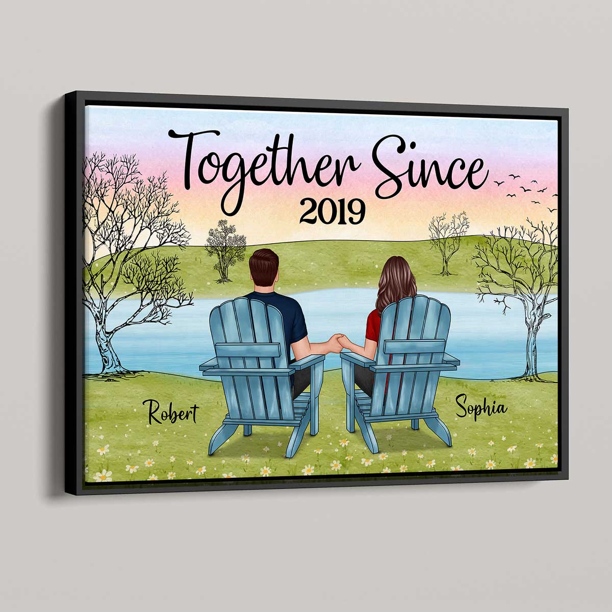 Back View Sitting Couple Landscape Personalized Horizontal Poster