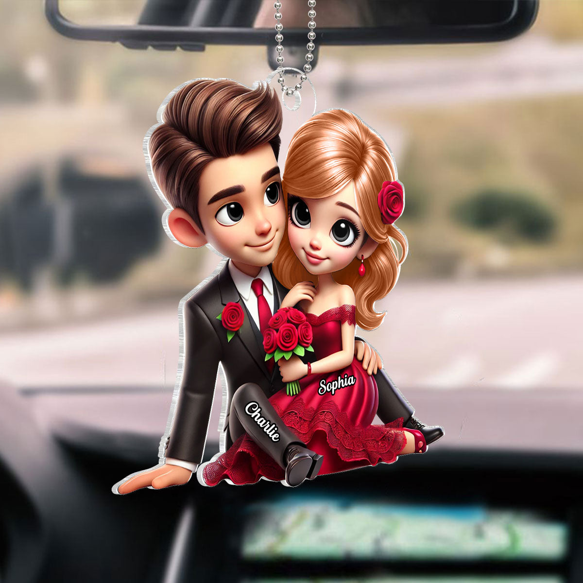 Couple Roses Sitting Together Personalized Acrylic Car Hanger, Anniversary  Gift for him, Gift for her