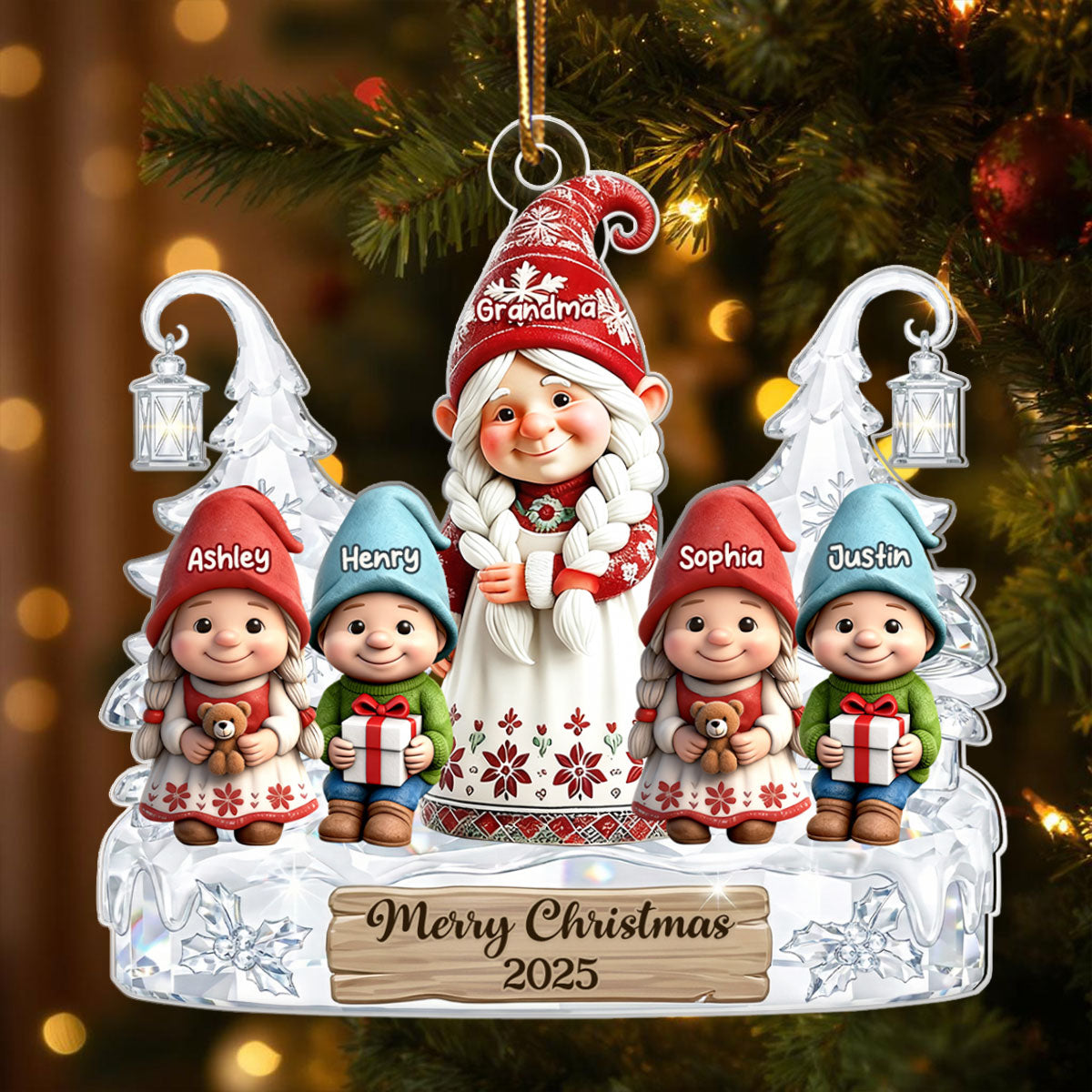 Gnome Grandma And Grandkids Pattern Crystal - Personalized Acrylic Ornament - Heartwarming Christmas Gift For Grandma, Family