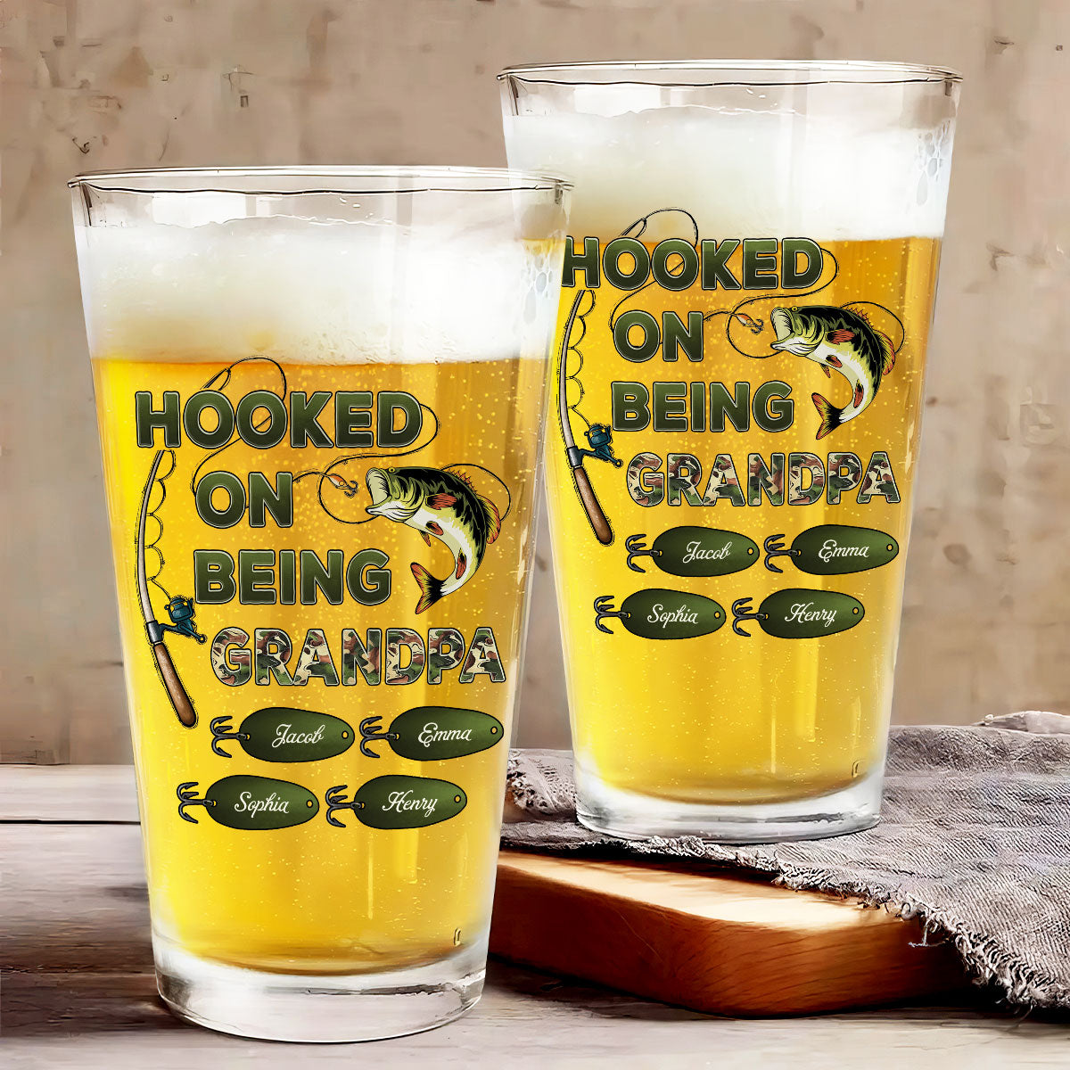 Hook On Being Grandpa Fishing Camouflage Personalized Beer Glass