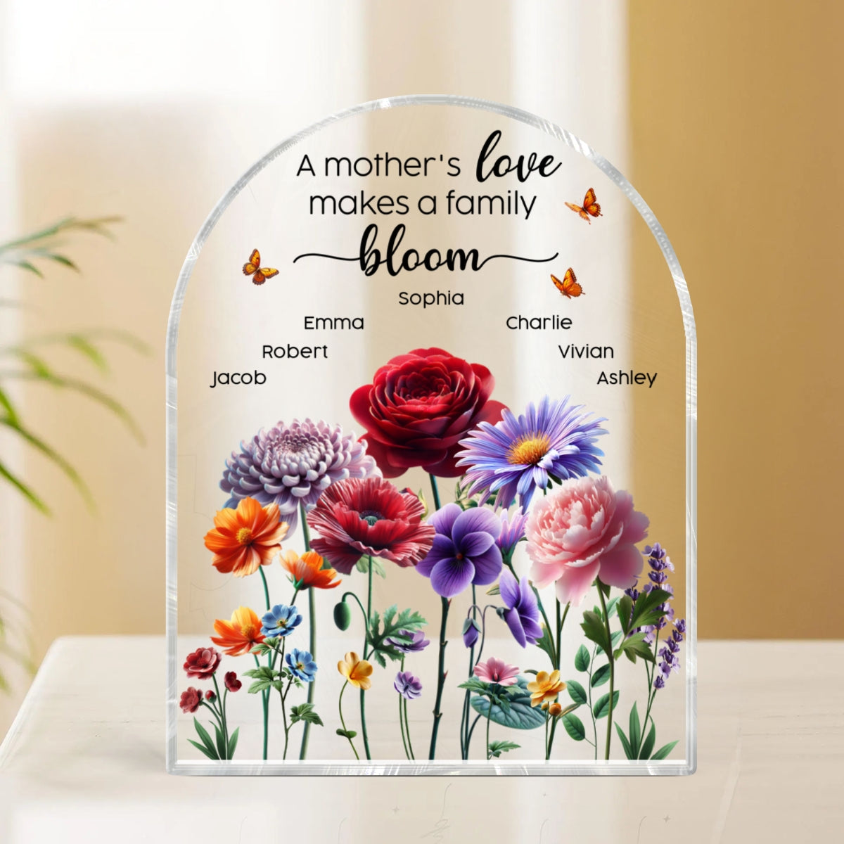 A Mother's Love Makes A Family Bloom 3D Effect Birth Month Flower Personalized Acrylic Block Plaque, Gift For Mom