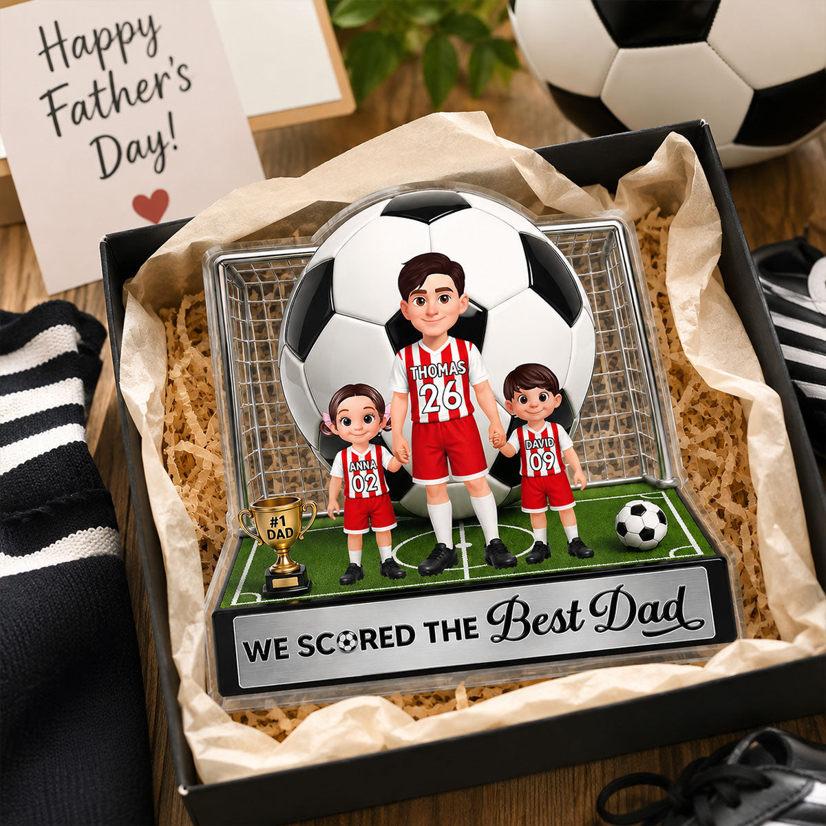 No 1 Soccer Dad And Kids We Scored The Best Dad 2D Flat Printed - Personalized Acrylic Block Plaque - Father's Day Gift For Dad, Husband, Soccer Football Fans