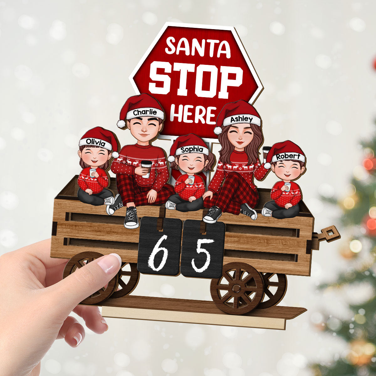 Christmas Wagon Santa Stop Here Family Sitting Personalized 2-Layer Standing Wooden Plaque