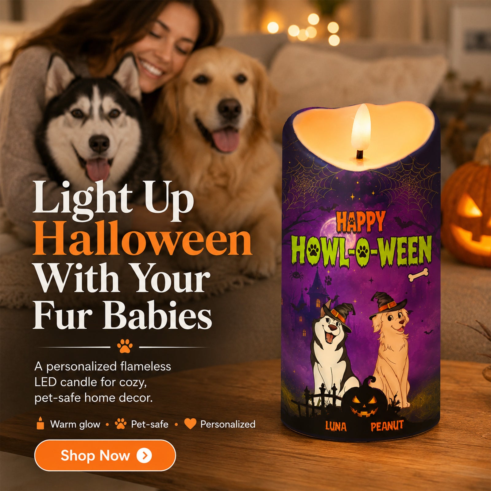 Dog Mom Happy Howloween Purple Magical Theme - Personalized LED Candle - Pawfect Halloween Decor for Dog Lover