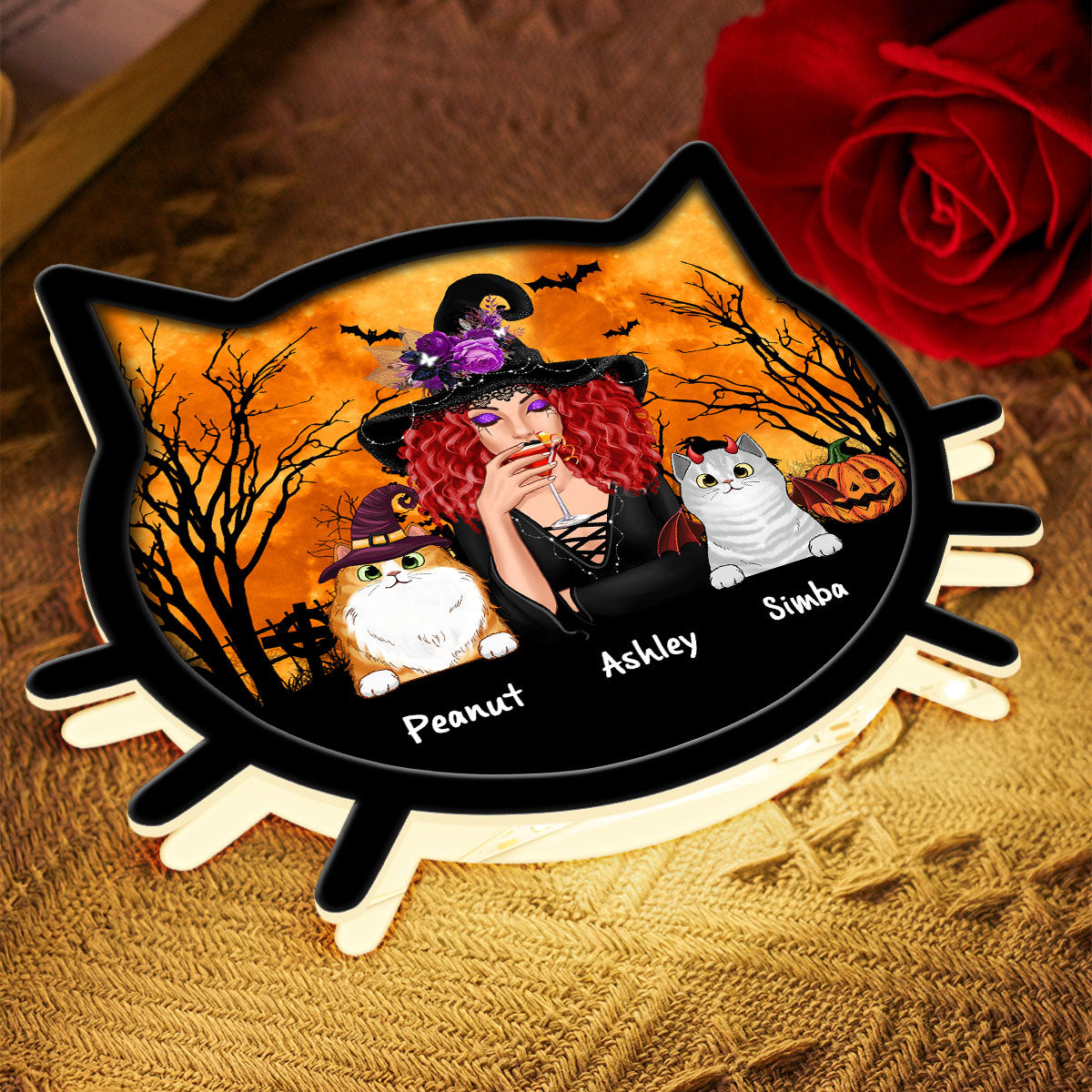 Spooky Halloween Theme Cat Mom Cat Face Personalized LED Light Box