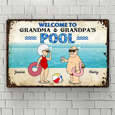 Welcome To Grandma Grandpa Pool, Funny Cartoon Personalized Metal Sign