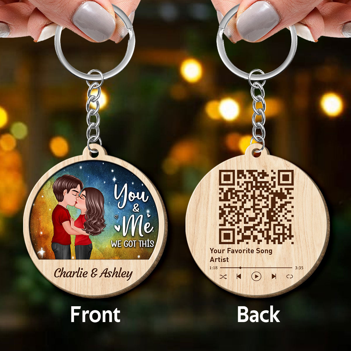 Doll Couple Kissing In Galaxy Night Favorite Song QR Code Personalized Wooden Keychain