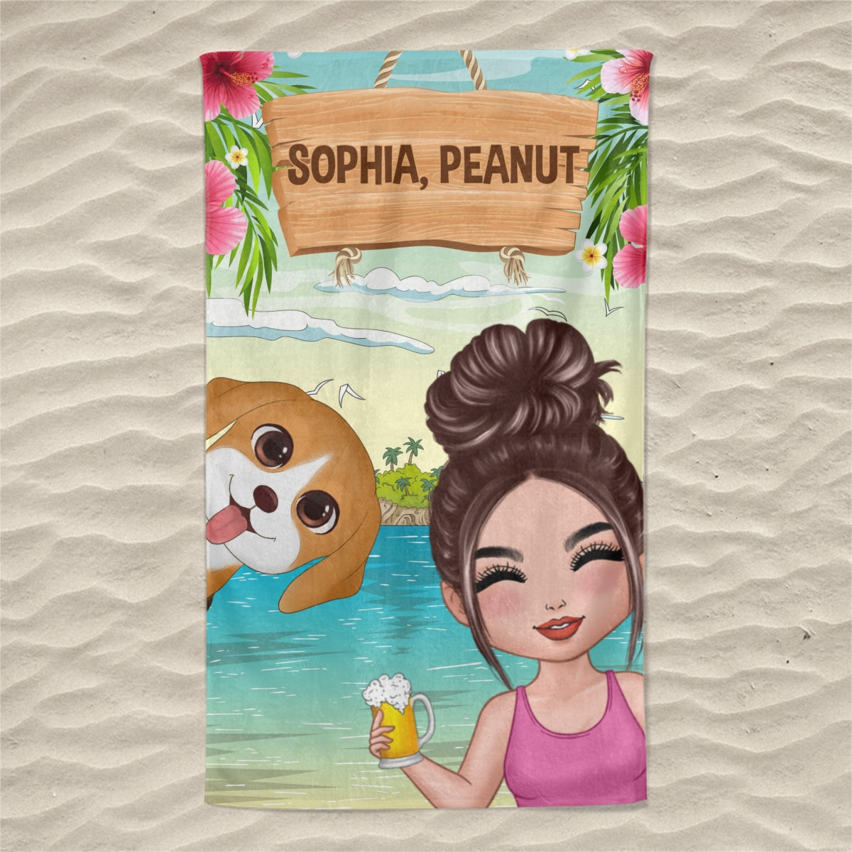 Doll Woman And Watercolor Cute Dogs Summer Personalized Beach Towel