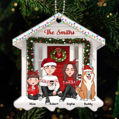 Cute Family Sitting Christmas Front Porch House Shaped Personalized Acrylic Ornament