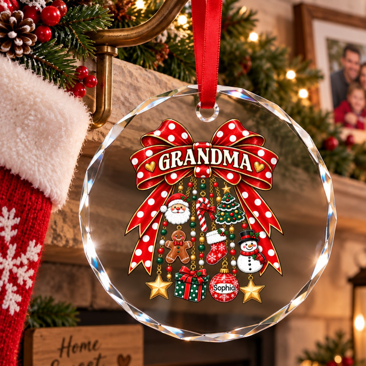 Grandma Retro Christmas Charm Bow - Personalized Glass Ornament - Trendy Christmas for Grandma