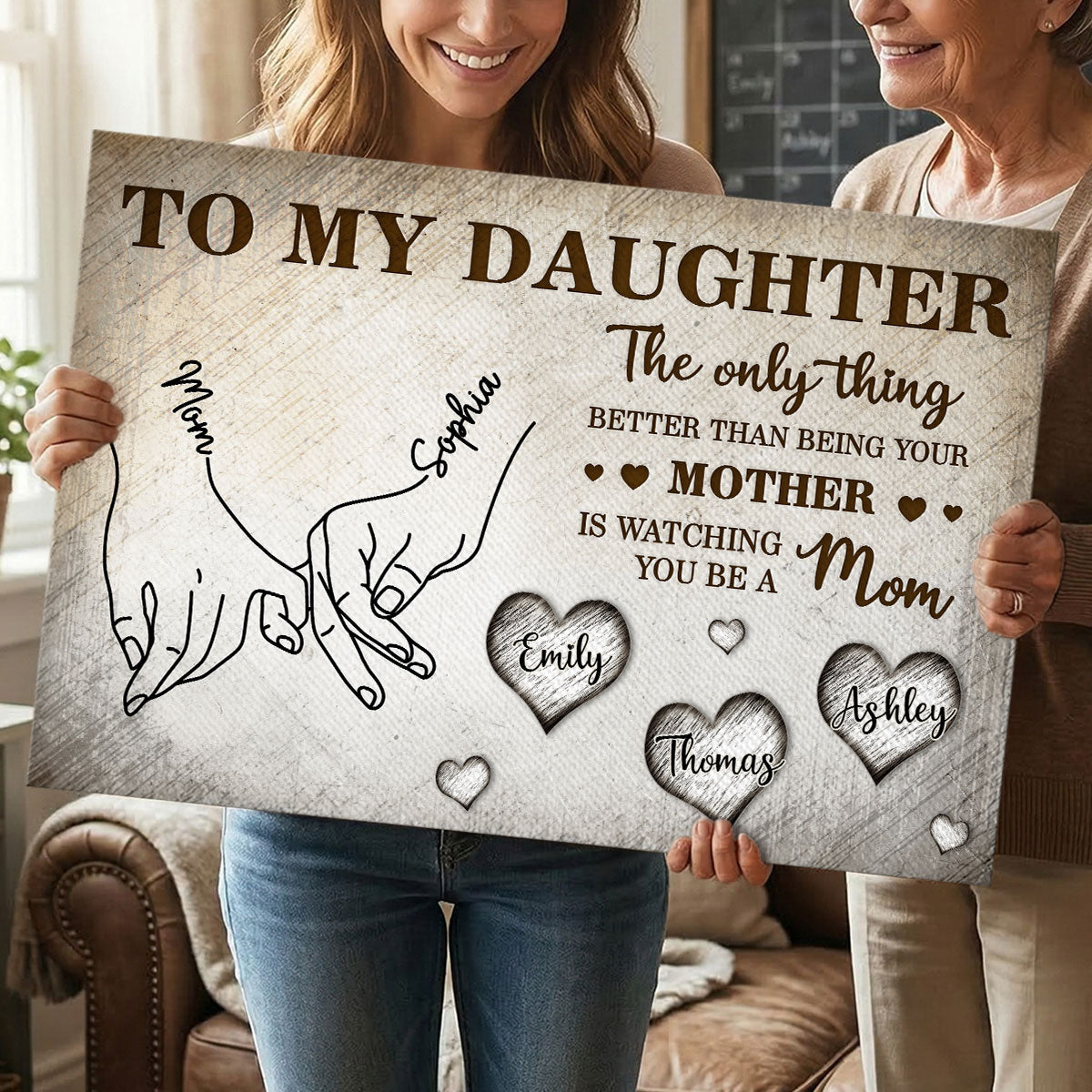 To My Daughter Mom And Daughter Holding Hands Custom Kids Names - Personalized Canvas - Mother's Day Gift For Daughter