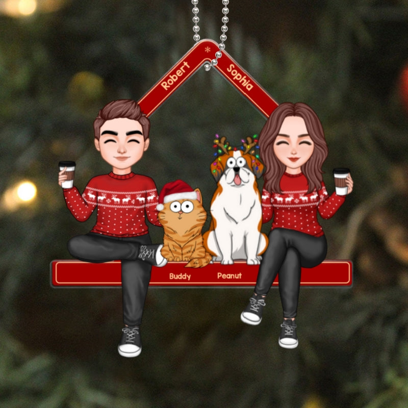 Cute Couple Sitting With Dogs Cats Personalized Acrylic Ornament