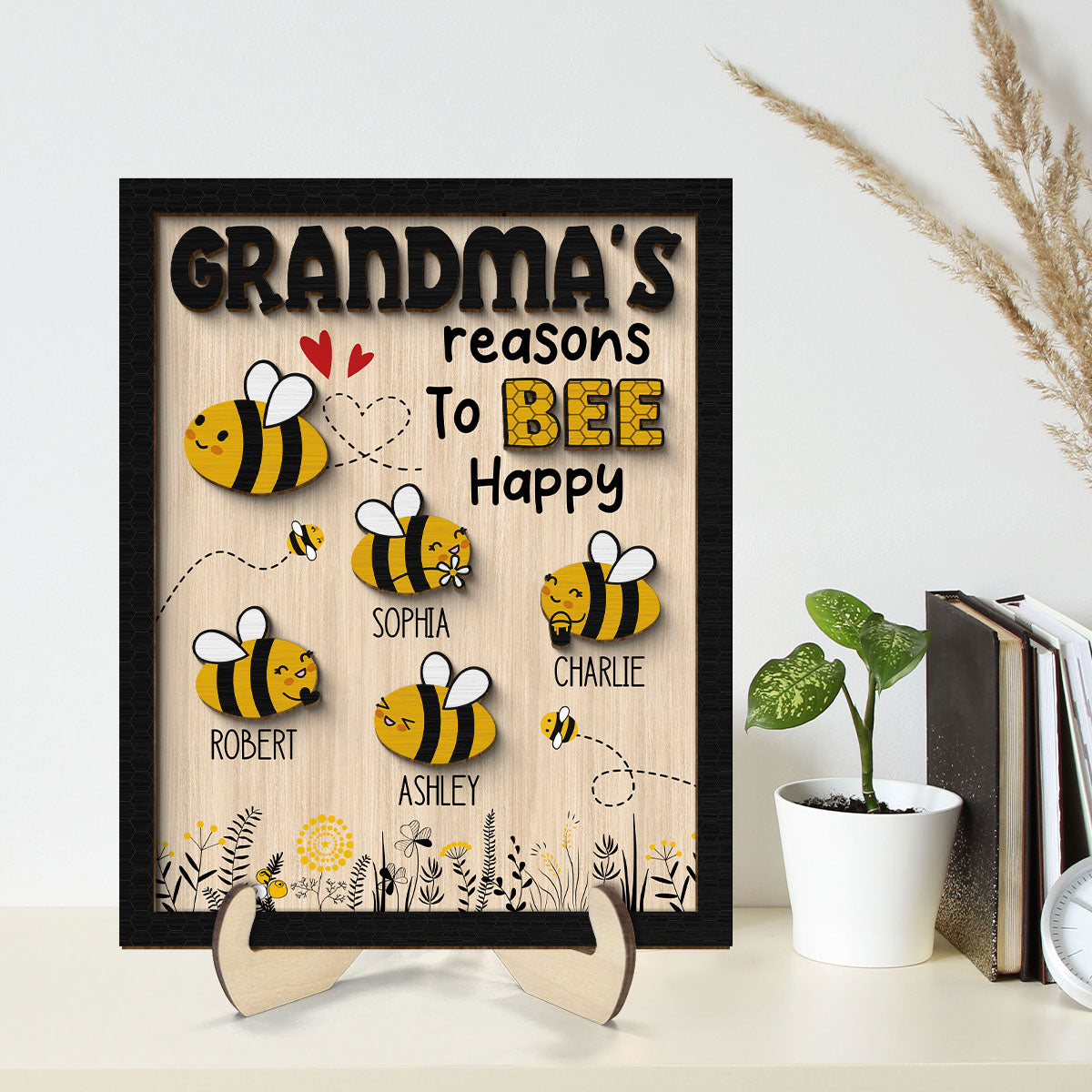 Grandma‘s Reason To Bee Happy Personalized 2-layer Wooden Plaque