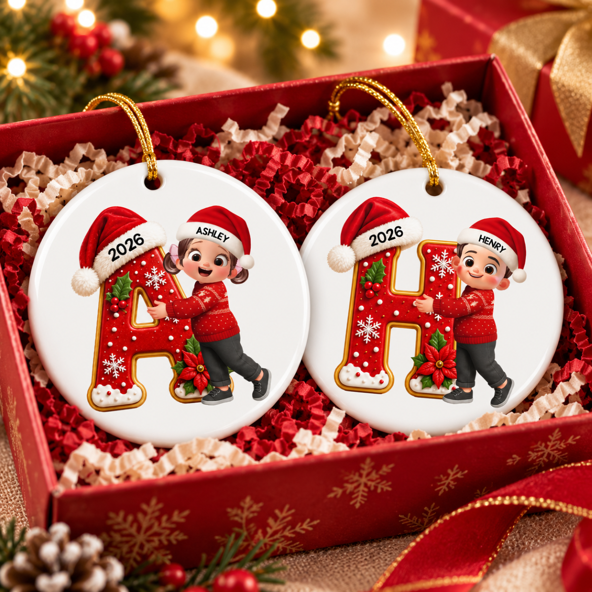 Joyful Christmas Letter Hug - Personalized Circle Ornament- Gift For Boys, Girls, Grandkids
