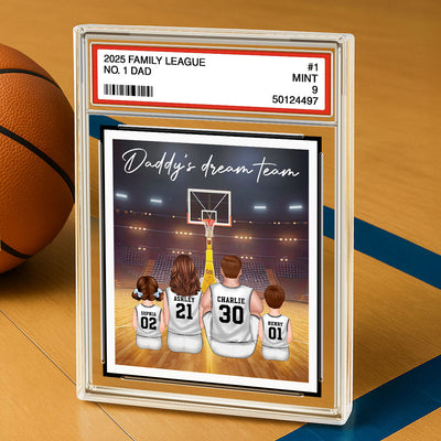 Basketball Daddy's Dream Team No. 1 Dad Man & Kids Sitting Trading Card Style - Personalized Acrylic Block Plaque
